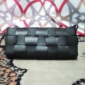 Polene Black Woven Leather Clutch